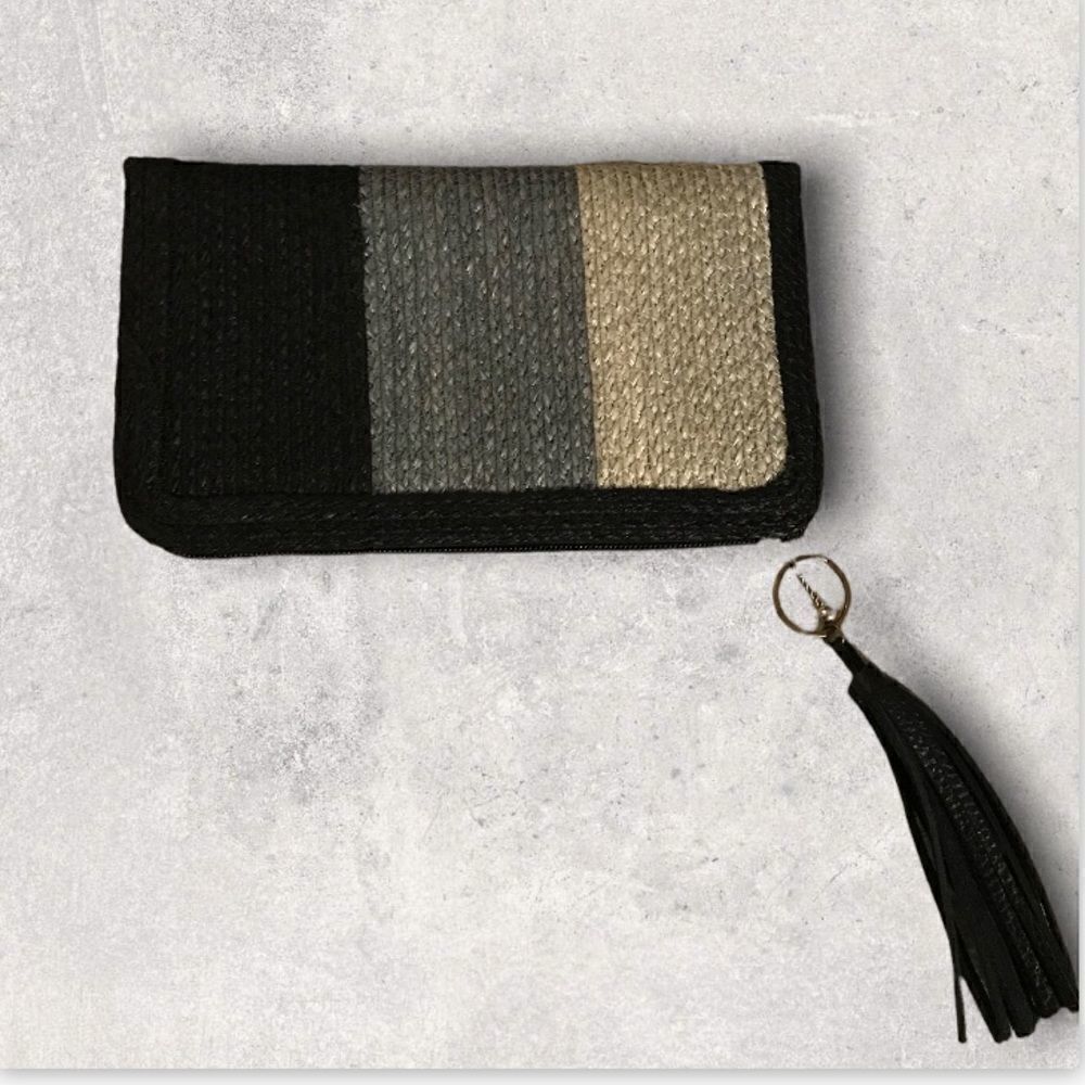 𝅺: : 70s / 80s Inspired Woven Wicker Style Clutch Wristlet with Tassel : :